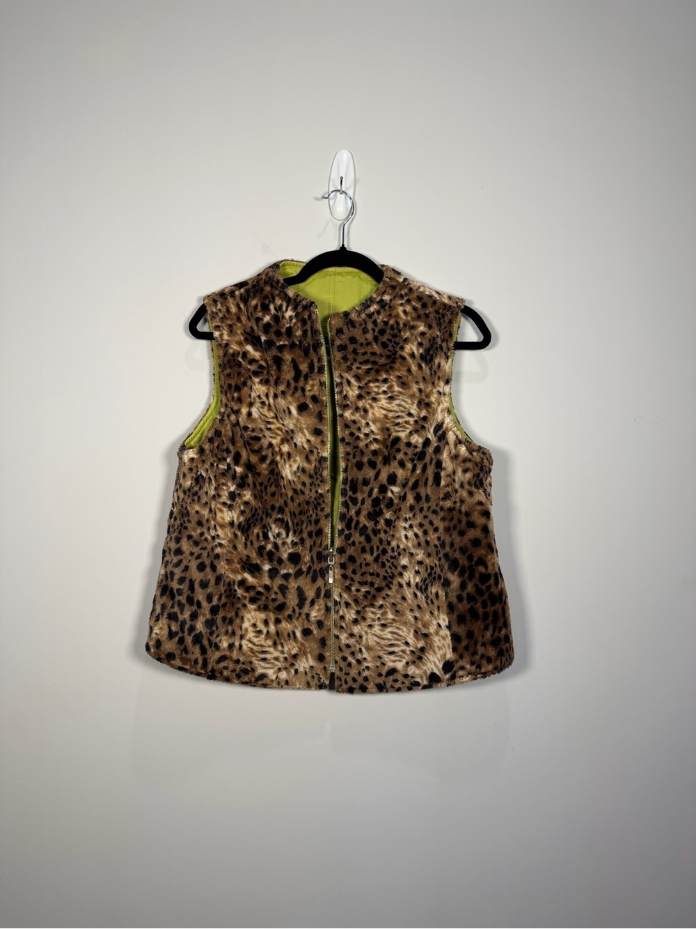 Reversible Leopard Faux Fur Lime Green Zip Vest Statement Y2K - Picture 3 of 5